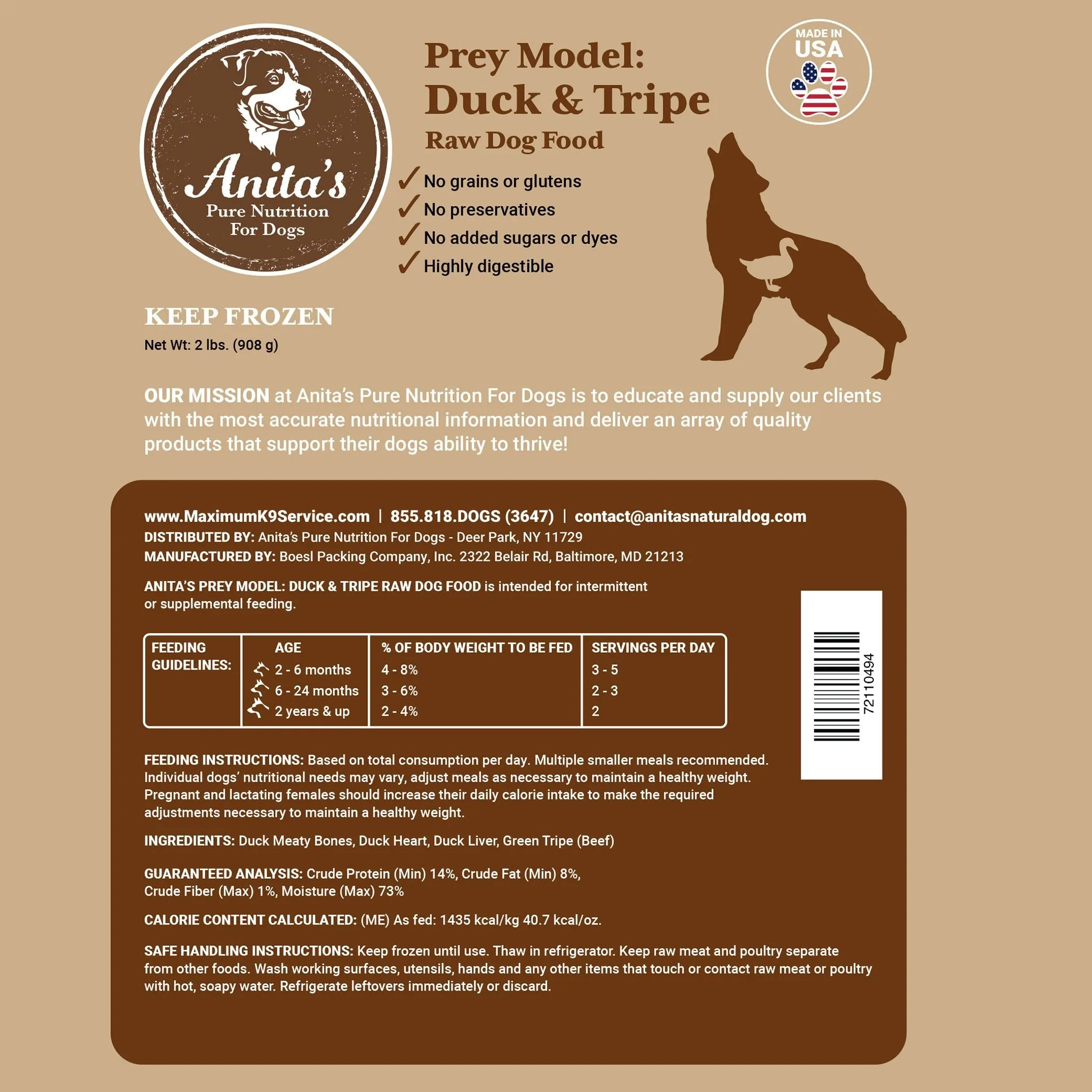 Anita's Pure Nutrition for Dogs - Prey Model: Duck and Tripe 2 lbs. - Raw Dog Food