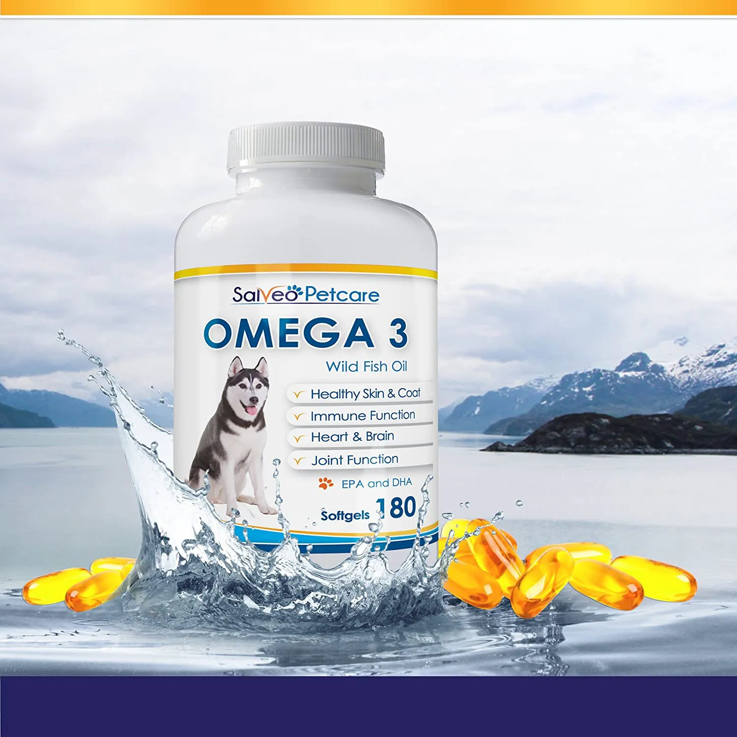 Salveo Petcare Omega 3 Fish Oil for Dogs - Natural Pet Supplement for Shiny Coat - Wild Caught More EPA & DHA Than Salmon Oil - No Fishy Smell or Mess - Ideal for Medium Large Dogs