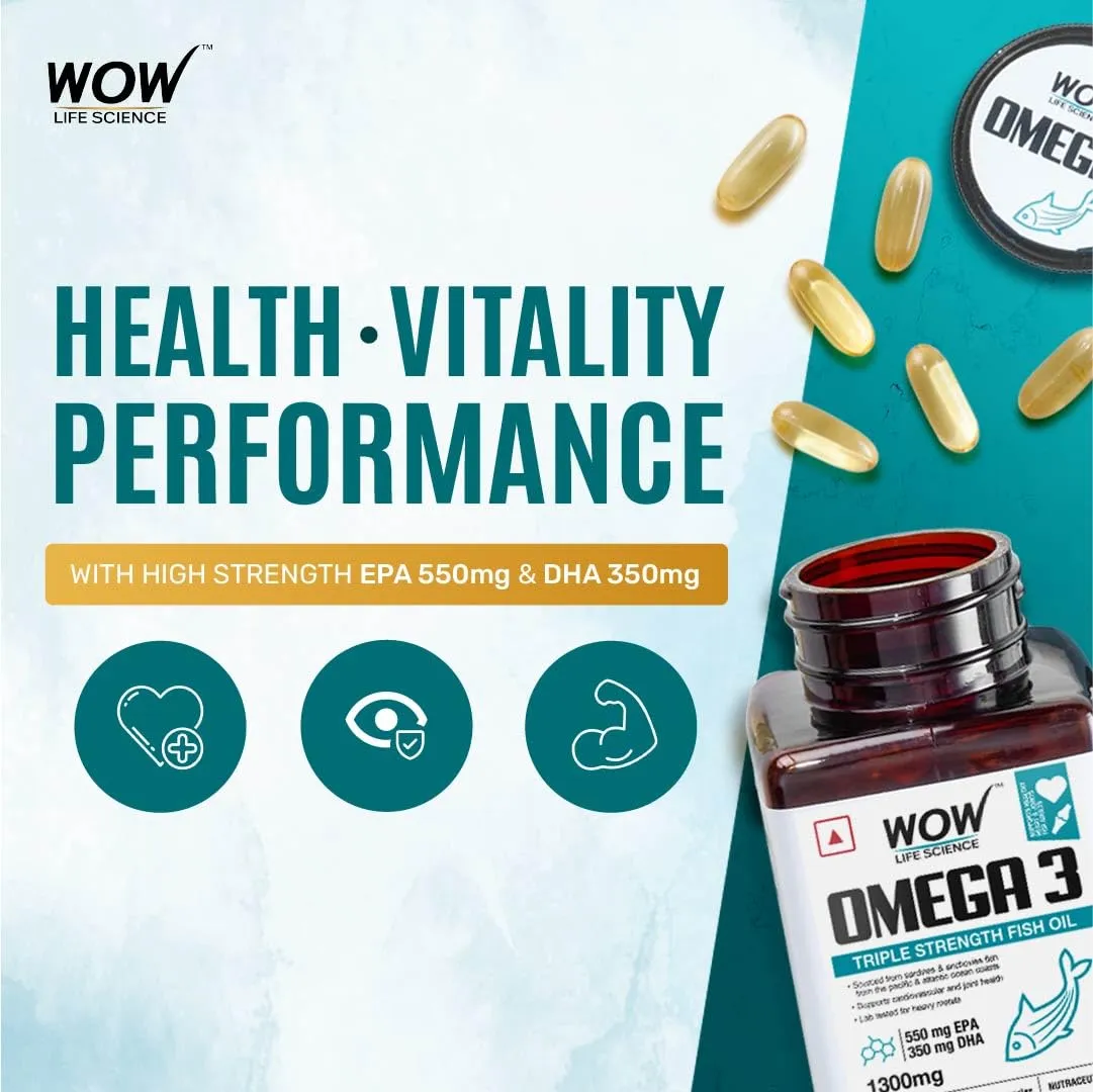 WOW Omega-3 Fish Oil 1000 mg Triple Strength 550mg EPA 350mg DHA, Burpless, Mercury free, Ideal for Keto Diet