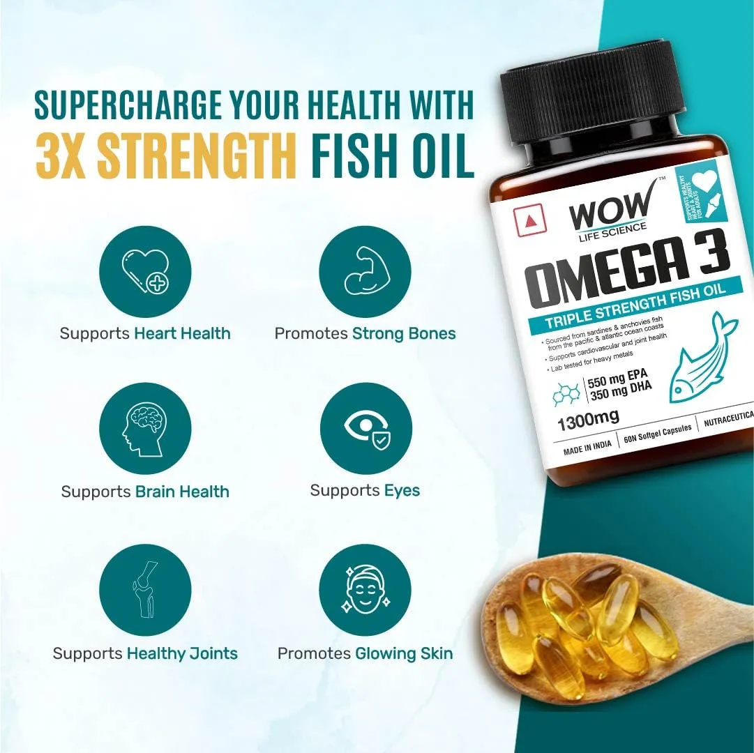 WOW Omega-3 Fish Oil 1000 mg Triple Strength 550mg EPA 350mg DHA, Burpless, Mercury free, Ideal for Keto Diet