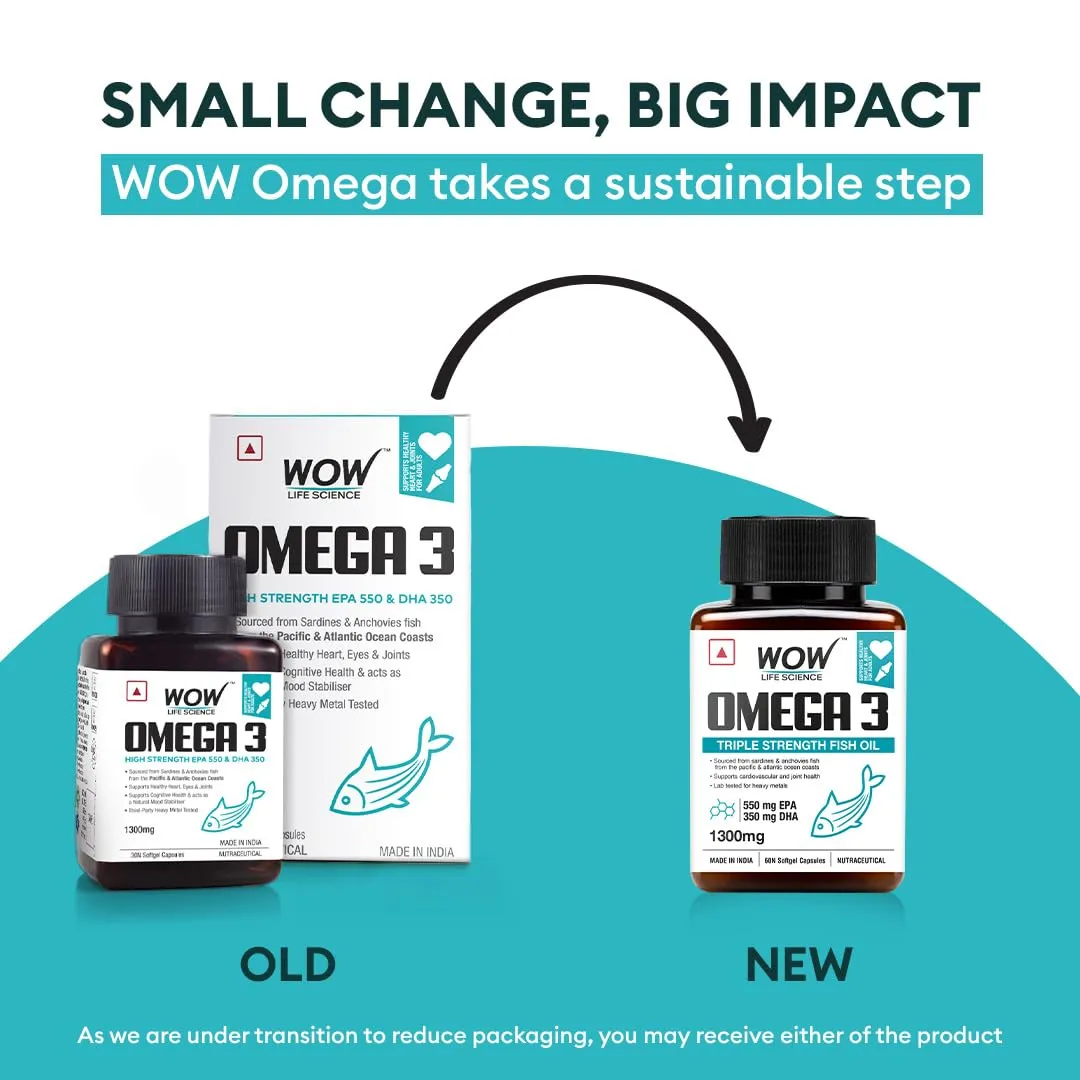 WOW Omega-3 Fish Oil 1000 mg Triple Strength 550mg EPA 350mg DHA, Burpless, Mercury free, Ideal for Keto Diet